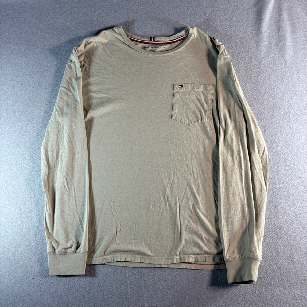 Tommy Hilfiger Mens Large Tan Long Sleeve Pocket T-Shirt Khaki Beige Cotton Tee